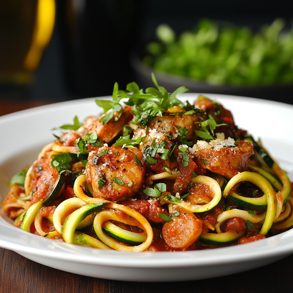 A white plate filled with zucchini noodles topped with sausage marinara, garnished with fresh parsley and grated cheese