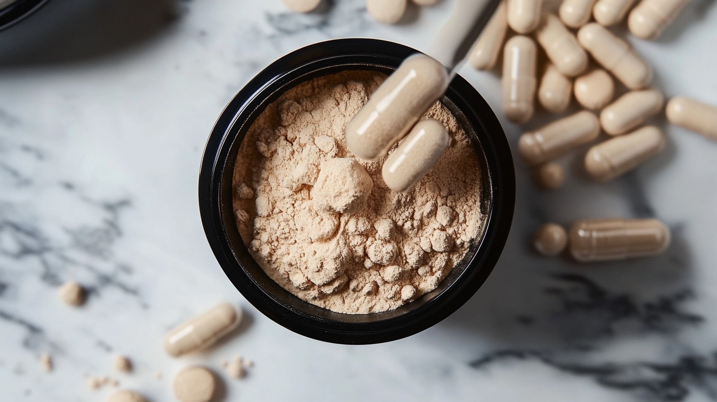 Close-up of powdered collagen in a jar with capsules scattered around