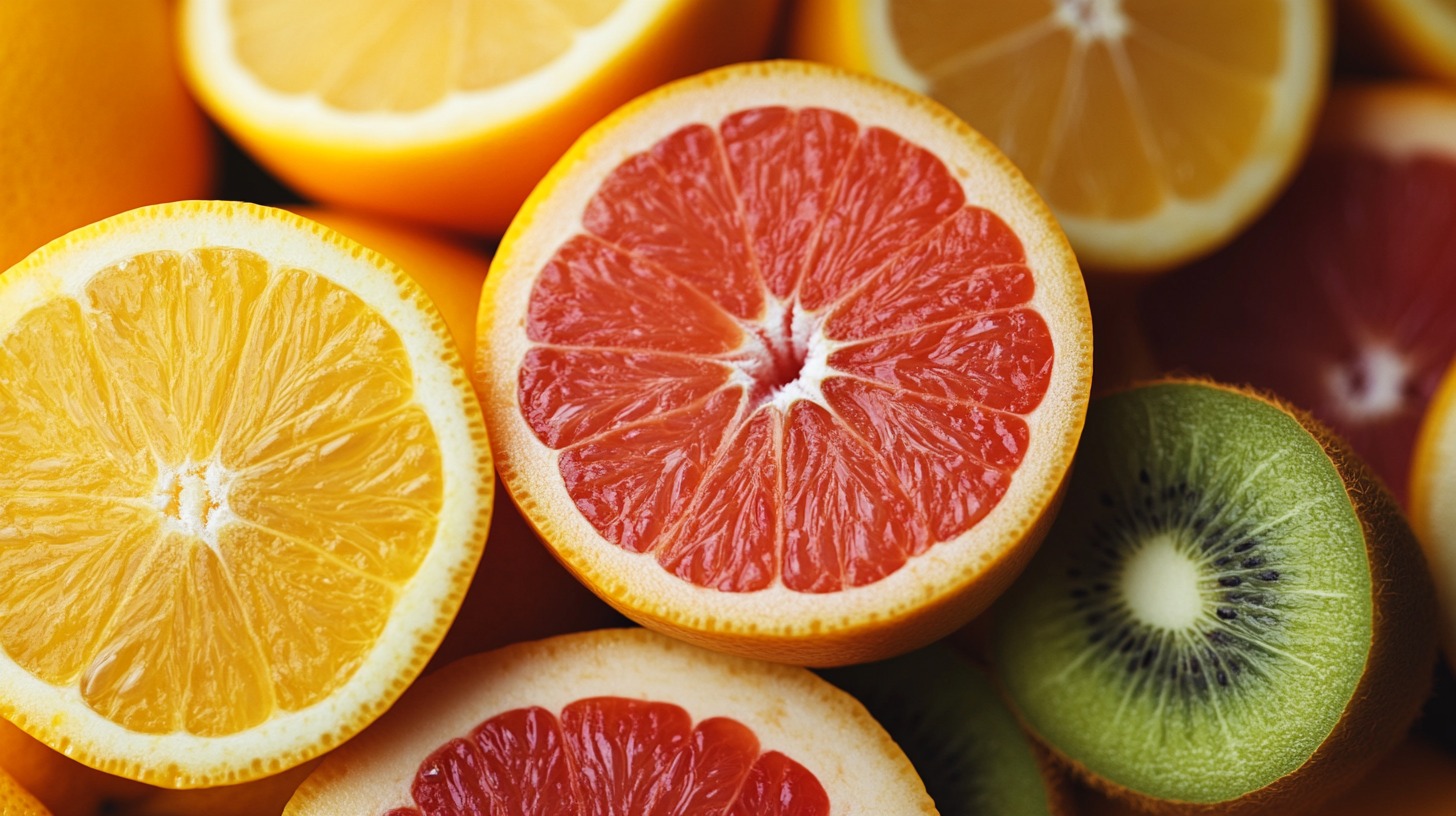 Close-up of sliced citrus fruits and kiwi showcasing vibrant colors