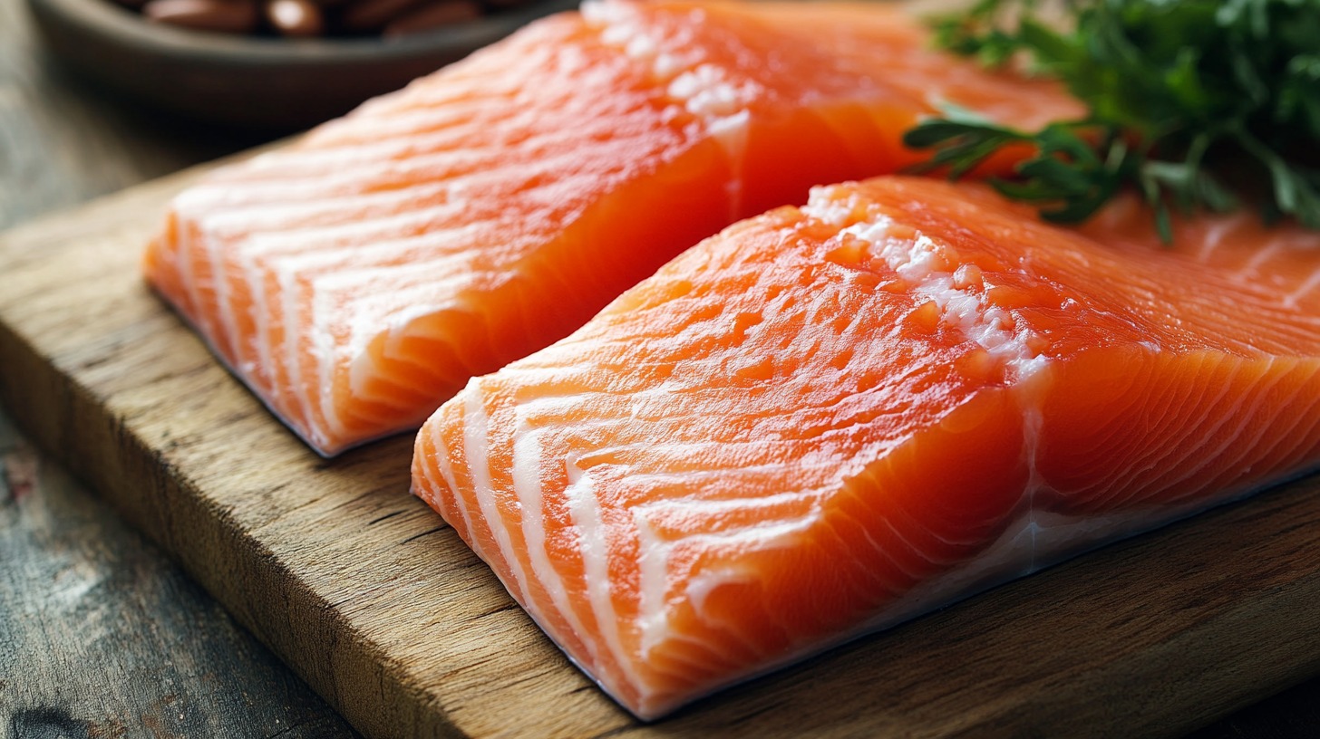 Close-up of raw salmon fillets on a wooden cutting board, garnished with herbs
