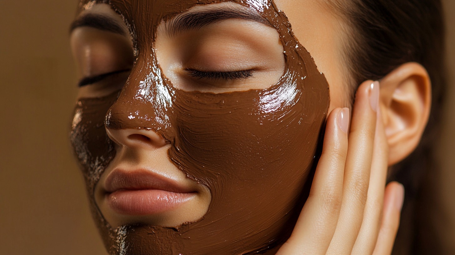 Woman with eyes closed, applying a rich chocolate face mask to her skin