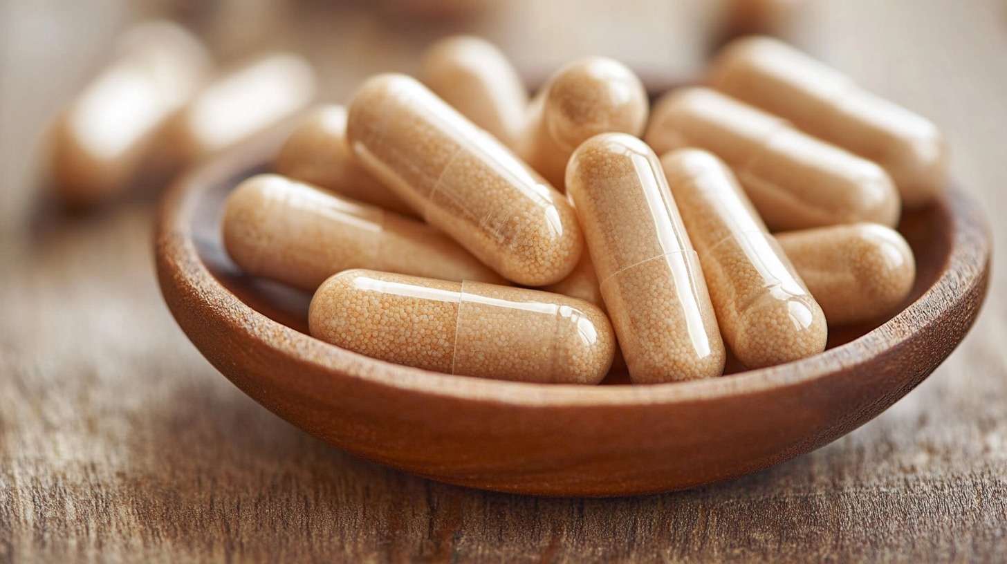 A wooden bowl filled with probiotic supplement capsules on a rustic wooden surface