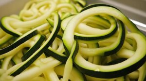 Close-up of fresh zucchini noodles, spiralized into long, thin strips with vibrant green skin and pale interior