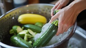 Hands washing fresh zucchinis under running water in a colander, with more zucchinis and a yellow squash in the background
