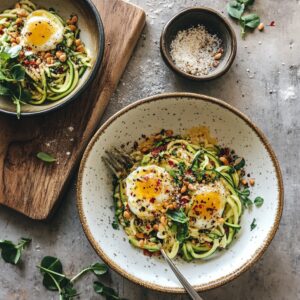 A bowl of zucchini noodles topped with two poached eggs, nuts, and seasonings, served on a rustic table with a side of grated cheese and fresh greens